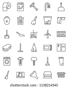 thin line vector icon set - plunger vector, scraper, cleaner trolley, broom, mop, scoop, sponge, trash bin, window cleaning, welcome mat, drying clothes, washer, shining, toilet paper, towel, bath