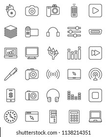 thin line vector icon set - pen vector, laptop graph, clock, music hit, camera, antenna, equalizer, remote control, headphones, notebook pc, play button, stop, forward, hdmi, big data, browser