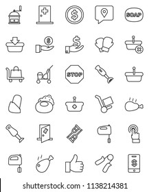 thin line vector icon set - soap vector, cleaner trolley, hand mill, mixer, blender, chicken leg, dollar coin, investment, trainer, boxing glove, traking, touchscreen, finger up, crutches, bandage