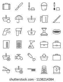 thin line vector icon set - plunger vector, water tap, fetlock, bucket, car, toilet brush, measuring cup, cook press, whisk, grater, sieve, case, umbrella, scalpel, supply, basket, kettle