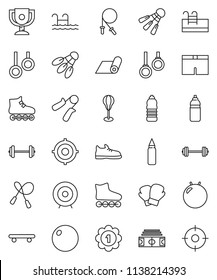 thin line vector icon set - award cup vector, target, barbell, stadium, jump rope, hand trainer, punching bag, fitball, snickers, boxing glove, shorts, roller Skates, skateboard, medal, water bottle
