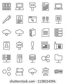 thin line vector icon set - pen vector, notebook pc, document, personal information, binder, signpost, attention, newspaper, server, network folder, cloud, big data, browser, share, upload, download