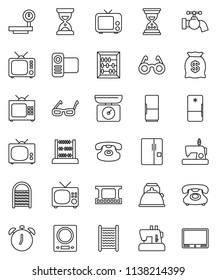 thin line vector icon set - water tap vector, washboard, kettle, glasses, alarm clock, abacus, sand, phone, big scales, film frame, tv, video camera, classic, fridge, money bag, kitchen