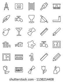 thin line vector icon set - water tap vector, splotch, welcome mat, washboard, rolling pin, thermometer, chicken leg, pen, pencil, corner ruler, drawing compass, glass, tulip, Railway carriage, hdmi