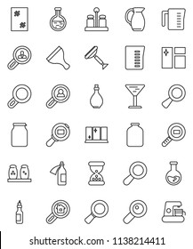 thin line vector icon set - scraper vector, window cleaning, shining, oil, measuring cup, spices, jug, jar, magnifier, flask, glass, cargo search, sand clock, potion, estate, client, coffee maker