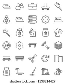 thin line vector icon set - scraper vector, vacuum cleaner, rake, iron, steaming, student, money bag, case, horizontal bar, big scales, group, scissors, data, gear, bench, construction crane