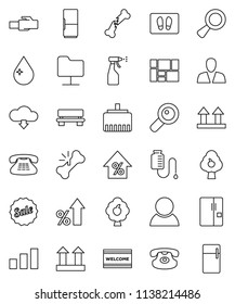 thin line vector icon set - water drop vector, welcome mat, sprayer, percent growth, consolidated cargo, top sign, sorting, classic phone, magnifier, broken bone, counter, network folder, bench