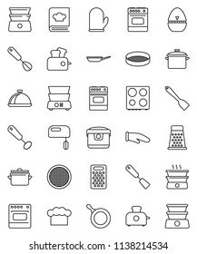 thin line vector icon set - pan vector, cook hat, glove, timer, whisk, spatula, grater, oven, double boiler, cookbook, sieve, dish, mixer, multi cooker, toaster