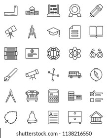 thin line vector icon set - book vector, graduate hat, pen, pencil, school building, corner ruler, drawing compass, glasses, atom, telescope, bell, calculator, medal, certificate, bus, abacus, world