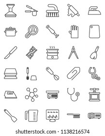 thin line vector icon set - broom vector, fetlock, sponge, car, iron, toilet brush, rubber glove, pan, measuring cup, cook press, whisk, spatula, rolling pin, cutting board, drawing compass, scalpel