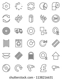 thin line vector icon set - washboard vector, toilet paper, plates, pie graph, arrow up, pound, oxygen, disk, pills blister, gear, refresh, redo, loading, route, relocation truck, 24 hour, washer