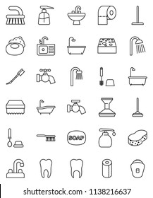 thin line vector icon set - soap vector, fetlock, mop, sponge, water tap, car, bath, toilet brush, liquid, paper, shower, sink, tooth, epilator