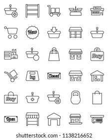 thin line vector icon set - office vector, cargo, warehouse, weight, shelving, new, open, closed, shopping bag, market, store, mall, buy, basket, cart, scales