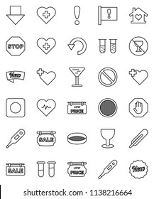 thin line vector icon set - sieve vector, arrow down, heart pulse, prohibition sign, no alcohol, cross, attention, glass, rec button, thermometer, vial, undo, stop, sale signboard, low price, new