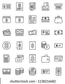 thin line vector icon set - credit card vector, cash, coin stack, check, receipt, dollar calendar, money, wallet, reader, tap pay