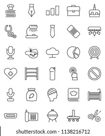 thin line vector icon set - vacuum cleaner vector, cleaning agent, cookbook, bbq, cereal, cake, pen, table lamp, pie graph, case, tie, target, prohibition sign, phone, sorting, shelving, microphone