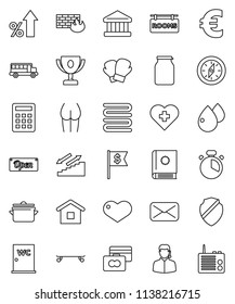 thin line vector icon set - water closet vector, pan, towel, cook timer, jar, compass, award cup, school bus, bank, credit card, percent growth, dollar flag, euro sign, buttocks, boxing glove, mail