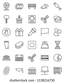 thin line vector icon set - sponge vector, trash bin, plates, garbage pile, kettle, blender, graduate hat, scissors, flag, pie graph, bank building, sand clock, calendar, hoop, microphone, bench