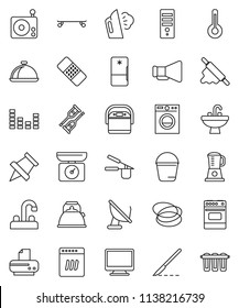 thin line vector icon set - bucket vector, steaming, sink, water tap, kettle, cook press, rolling pin, oven, dish, paper, skateboard, hoop, radio, loudspeaker, equalizer, thermometer, crutches