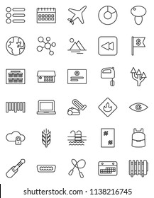 thin line vector icon set - window cleaning vector, mixer, mushroom, backpack, notebook pc, schedule, certificate, world, pie graph, dollar flag, calendar, jump rope, molecule, cereals, pool, plane