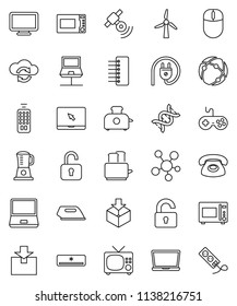 thin line vector icon set - toaster vector, microwave oven, package, satellitie, gamepad, remote control, notebook pc, social media, dna, connection, network, cloud exchange, hub, windmill, unlock
