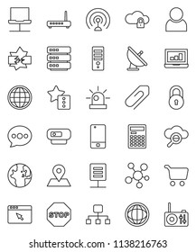 thin line vector icon set - calculator vector, world, cart, laptop graph, map pin, satellite antenna, mobile phone, social media, notebook network, disconnection, cloud glass, lock, big data, globe