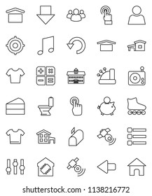 thin line vector icon set - toilet vector, cake, university, music, piggy bank, target, arrow down, t shirt, roller Skates, dry cargo, radio, satellitie, settings, touchscreen, group, menu, undo