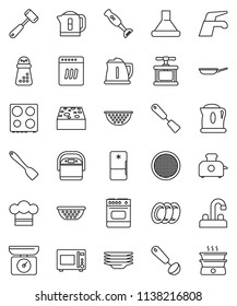thin line vector icon set - water tap vector, sponge, plates, pan, kettle, colander, cook hat, press, spatula, ladle, meat hammer, hand mill, microwave oven, blender, sieve, dishwasher, fridge, hood