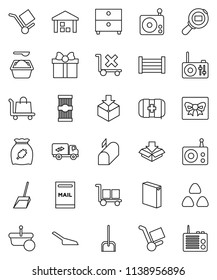 thin line vector icon set - scoop vector, washing powder, cereal, pasta, archive, first aid kit, wood box, cargo, no trolley, warehouse, package, search, radio, mailbox, relocation truck, gift