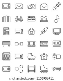 thin line vector icon set - welcome mat vector, microwave oven, pen, glasses, calculator, music, cash, roller Skates, money, top sign, film frame, monitor, link, mail, share, bench, connection, home