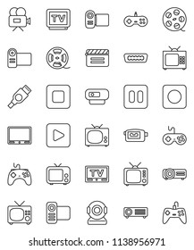 thin line vector icon set - cinema clap vector, film spool, tv, gamepad, video camera, play button, pause, stop, rec, hdmi, web, projector