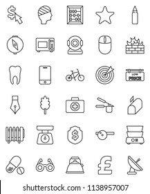 thin line vector icon set - kettle vector, scales, cook press, microwave oven, double boiler, cereal, pen, glasses, compass, abacus, dollar shield, cursor, pound, bike, punching bag, pills, tooth