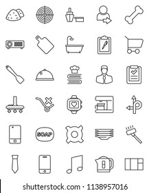thin line vector icon set - soap vector, vacuum cleaner, plates, garbage pile, spatula, cutting board, cookbook, dish, music, tie, any currency, target, heart monitor, bone, route, client, port