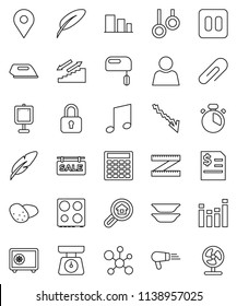 thin line vector icon set - scales vector, cook timer, oven, plates, potato, pen, presentation, music, molecule, crisis, annual report, calculator, safe, measuring, stairways run, gymnast rings, fan
