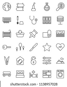 thin line vector icon set - clothespin vector, toilet brush, paper pin, world, money search, binder, fitness mat, breads, truck trailer, consolidated cargo, favorites, heart pulse, flask, scalpel
