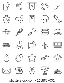 thin line vector icon set - cook timer vector, ladle, meat hammer, mushroom, fruit, award cup, school bus, cash, dollar flag, muscule hand, pool, phone, tracking, syringe, scalpel, blood drop
