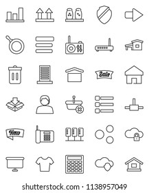 thin line vector icon set - trash bin vector, pan, spices, graph, calculator, presentation board, t shirt, support, dry cargo, top sign, connect, server, cloud shield, lock, menu, share, home, arrow