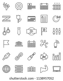 thin line vector icon set - book vector, personal information, flag, target, dollar, tie, calendar, measuring, muscule hand, molecule, gymnast rings, tulip, settings, equalizer, hdmi, jack, chain