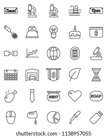 thin line vector icon set - soap vector, kettle, skimmer, mixer, cake, chicken leg, microscope, leaf, graph, pie, sand clock, dollar flag, tie, calendar, pool, stadium, heart, dropper, globe, garage