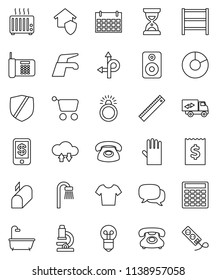thin line vector icon set - water tap vector, rubber glove, ruler, microscope, pie graph, calculator, receipt, sand clock, t shirt, calendar, route, phone, protected, shelving, dialog, speaker, bath
