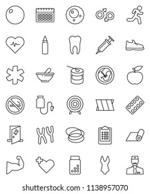 Thin Line Vector Icon Set - Diet Vector, Heart Pulse, Clipboard, Pills Vial, Punching Bag, Fitball, Muscule Hand, Snickers, Swimsuite, Target, Sports Nutrition, Calendar, Fitness Mat, No Smoking