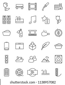 thin line vector icon set - foam basin vector, chicken leg, pen, music, exchange, shorts, traffic light, ship, tulip, package, film frame, spool, group, battery, dropper, potion, favorites, bench