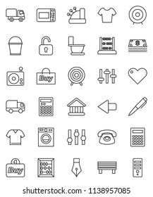 thin line vector icon set - bucket vector, toilet, pen, calculator, abacus, university, target, t shirt, radio, settings, heart, bench, arrow, phone, cash, buy, cashbox, delivery, unlock, clothes