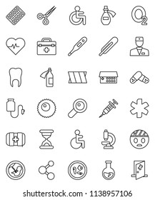 thin line vector icon set - flask vector, heart pulse, molecule, first aid kit, oxygen, doctor bag, ambulance star, disabled, thermometer, magnifier, pregnancy, syringe, scissors, sand clock, pills