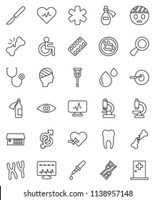 thin line vector icon set - ambulance star vector, disabled, heart pulse, eye, gender sign, magnifier, insemination, dropper, crutches, scalpel, broken bone, stethoscope, pills blister, microscope
