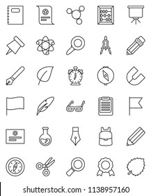 thin line vector icon set - copybook vector, pen, pencil, drawing compass, glasses, backpack, atom, alarm clock, clipboard, paper pin, medal, certificate, magnet, scissors, abacus, presentation