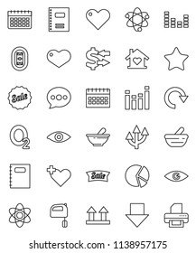 thin line vector icon set - mixer vector, copybook, atom, exchange, pie graph, arrow down, calendar, oxygen, stadium, top sign, equalizer, favorites, heart, cross, eye, mortar, message, redo, route