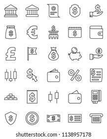 thin line vector icon set - certificate vector, bank, dollar coin, japanese candle, wallet, money bag, piggy, investment, building, receipt, flag, shield, calendar, cursor, euro sign, pound, cash