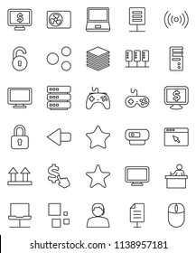 thin line vector icon set - student vector, monitor dollar, cursor, support, top sign, gamepad, notebook pc, favorites, server, network, big data, browser, share, arrow, loading, document, unlock