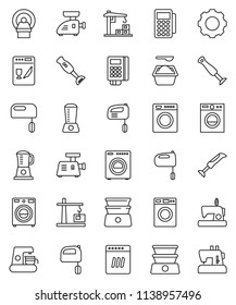 thin line vector icon set - washer vector, washing powder, mixer, double boiler, blender, tomography, gear, construction crane, card reader, dishwasher, coffee maker, meat grinder, sewing machine